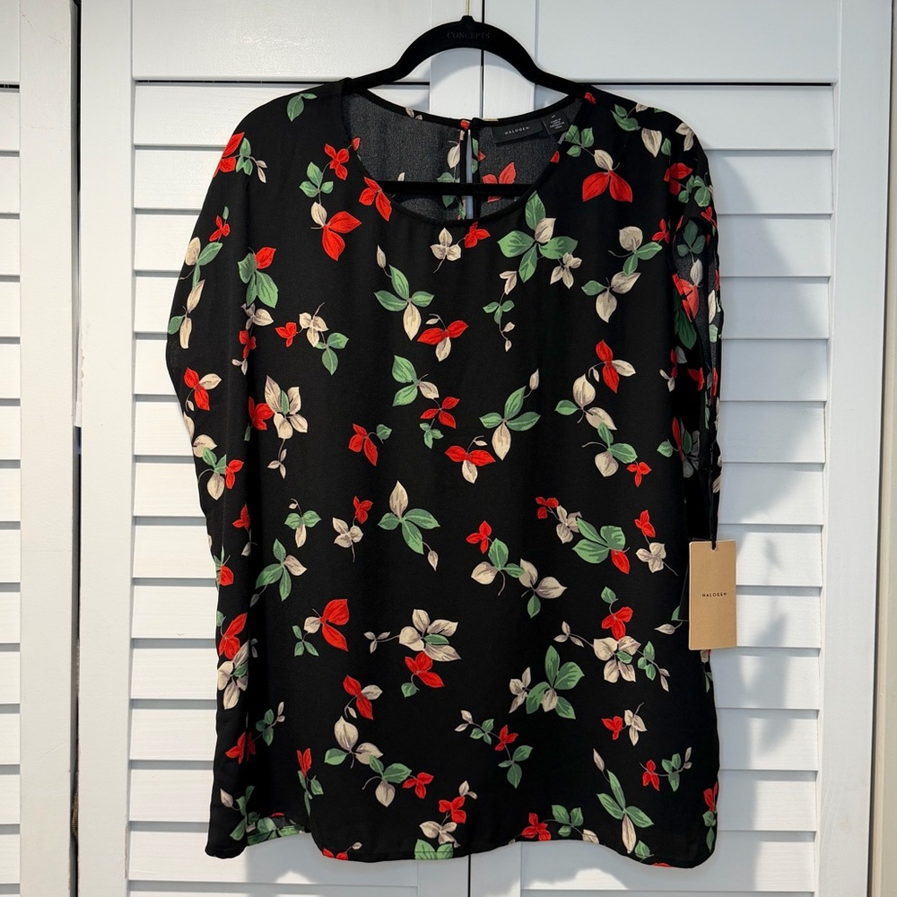Halogen Black Simple Floral Blouse XL NWT‎